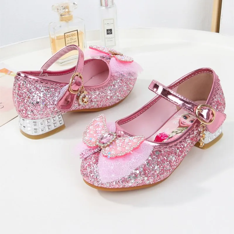 

Frozen Elsa Princess Gladiator Sandals for Girls with Low Block Heel Pink Blue Crystal Dressy Toddler Kids Shoes Sizes