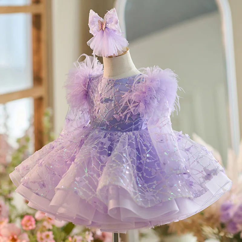 Girl's sequined backless long sleeved princess dress Fashionable butterfly feather fluffy skirt Carnival Birthday Party Dress