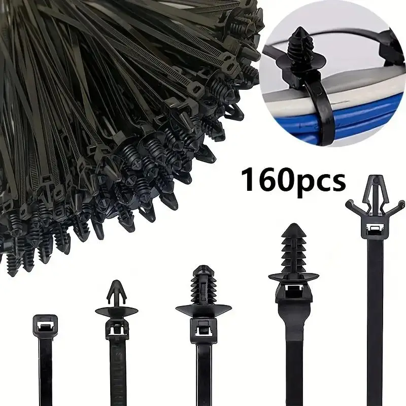 160PCS Car Wire Harness Fastener Tie Wrap Cable Clamp Clips Cable Ties Management Auto Wire Organizers For Auto Corrugated Pipe