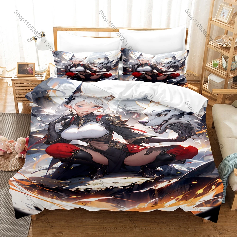 Beast Tamer 3D Print Bedding Set Includes Duvet Cover + 2 Pillowcases Cute Fantasy Kemonomimi Cat Fox Dragon Girls Anime