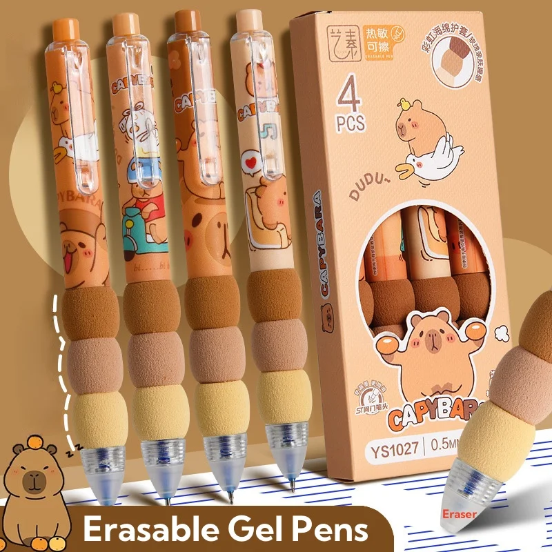 4Pcs Cute Cartoon Capybara Retractable Erasable Gel Pens Gradient Grip 0.5mm ST Nibs Black Blue Ink Refillable Writing Supplies