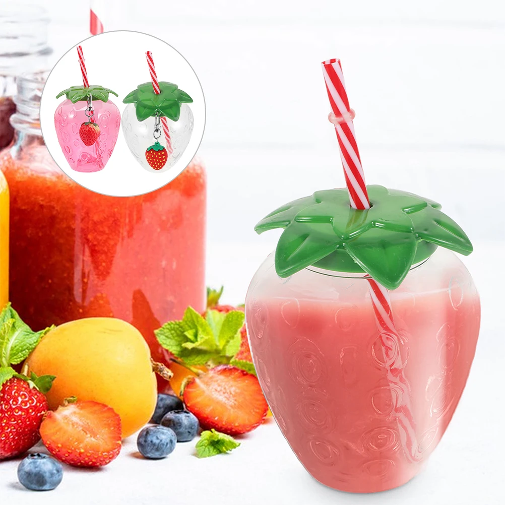 

4 pcs Strawberry Shaped Cups With Lids Straws Party Beverage Bottles Pet Reusable Water Juice Milk Tea Cups For Party