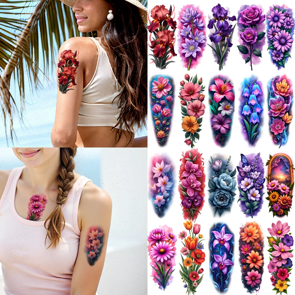 

12pcs Temporary Tattoo Floral Patterns Realistic Temporary Tattoos Colorful Flowers Colorful Realism For Male Shoulders Back