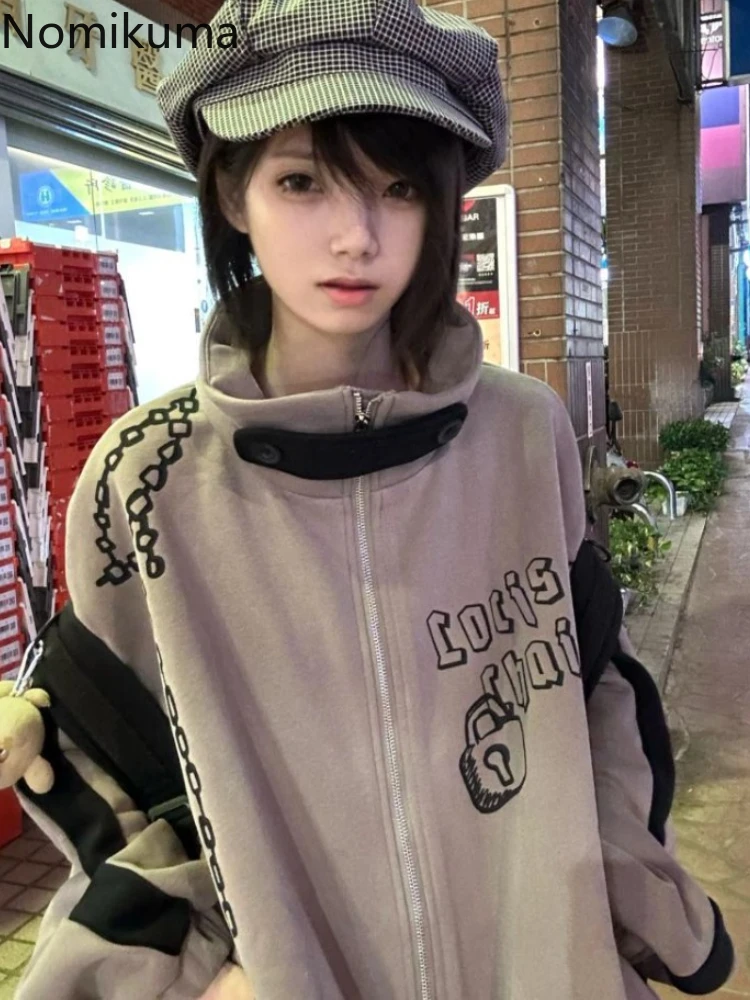 Streetwear Pink Hoodie Women Thicked Stand Neck Zipper Jackets Y2k Tops Casual Fashion Print Oversized Sweatshirts Ropa Mujer