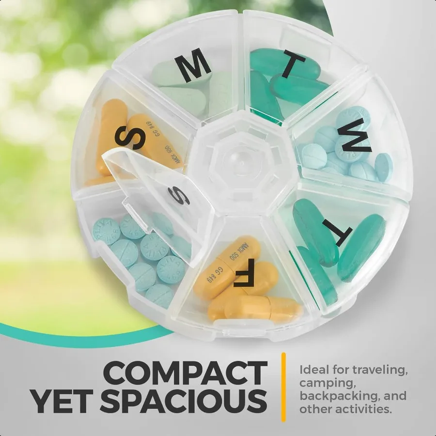 مجموعة منظم حبوب الدواء الأسبوعية مكونة من حاوية حبوب منع الحمل لمدة 7 أيام، صندوق منظم دواء دائري، علبة تذكير حبوب الأسبوع اليومي، صديقة للسفر