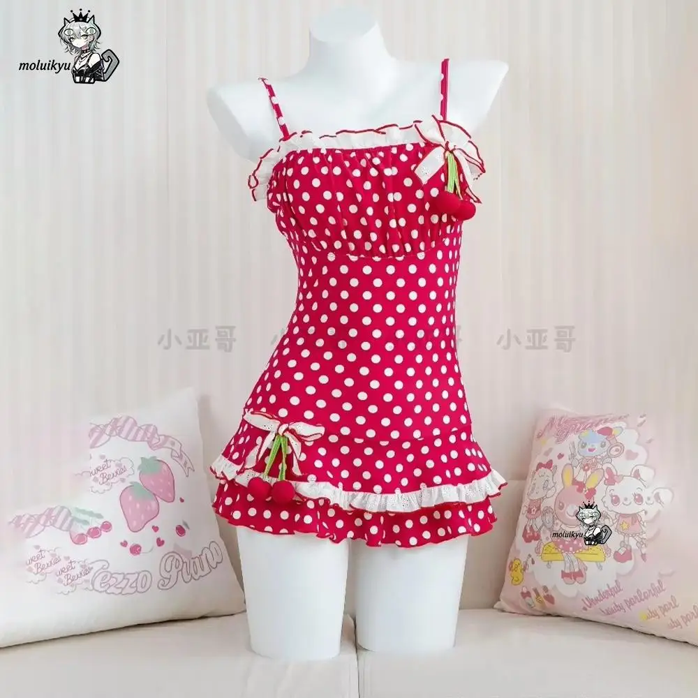 

Sweet Cute One Piece Swimsuit Girl Polka Dot Print Strap Sexy Women Summer Kawaii Bow Pendant Double Layer Puffy Swimsuit Gift