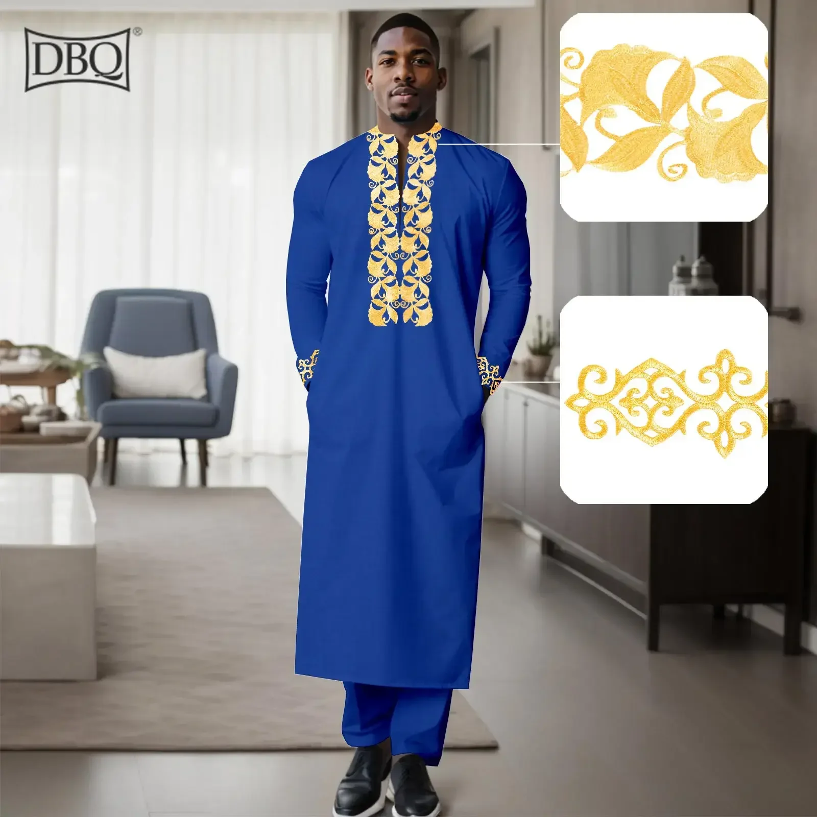 DBQ Pria Dashiki Afrika Lengan Panjang Kemeja dan Celana Kancing Cetak Emas Tradisional Set Pakaian Etnik Budaya
