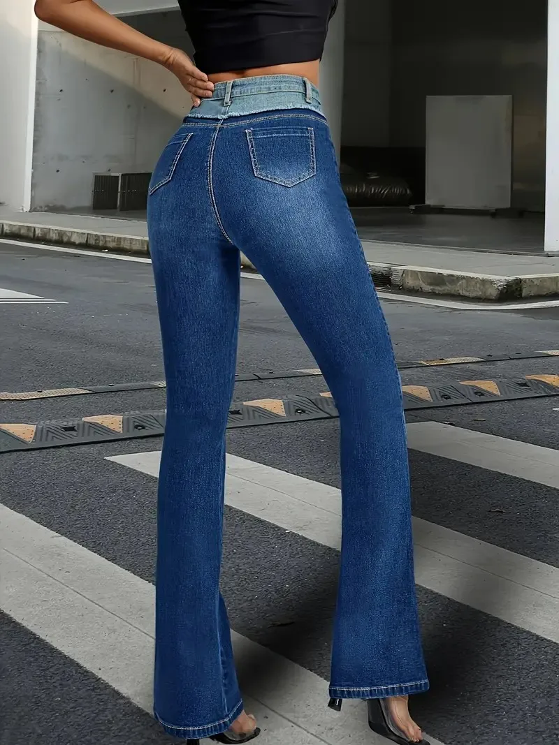 Vaqueros acampanados clásicos ajustados con bloques de color y empalme de tiro medio de calle sexy a la moda para mujer, corte en forma de V, lavables a máquina durante todo el año,