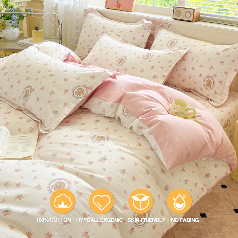 Cartoon Bedding Set 100% Cotton Duvet Cover Set 3pcs - 140x200 200x200 Twin Full, Breathable, Hide Zipper Closure, Multi-Size