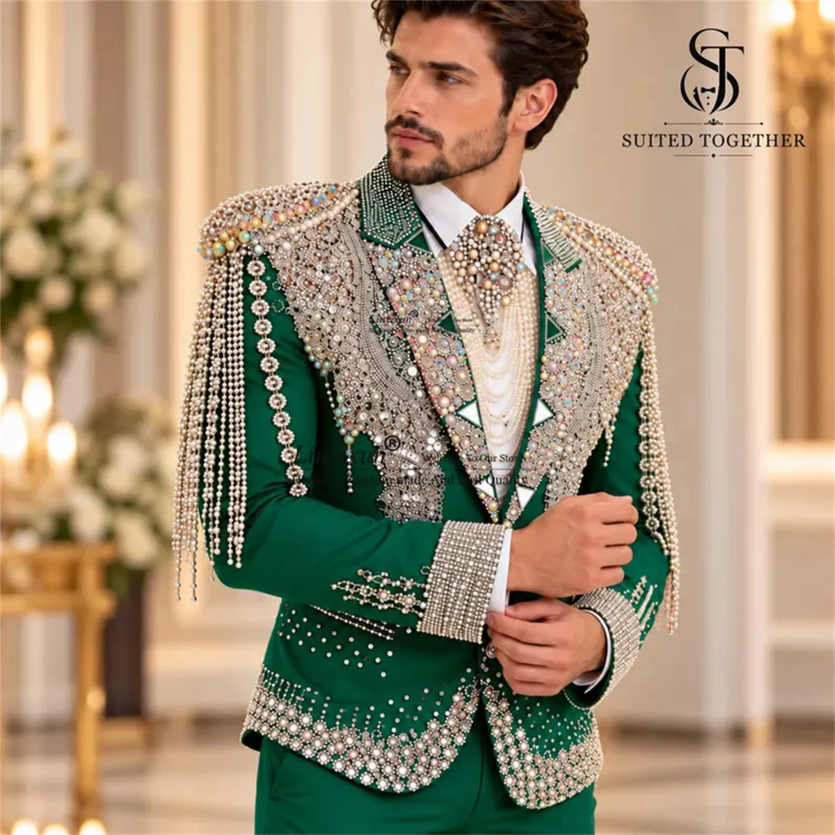 High End Crystals Diamond Tuxedos Men Suits Customized Slim Fit Wedding Groom Blazers 2 Pieces Sets Party rajes para hombre