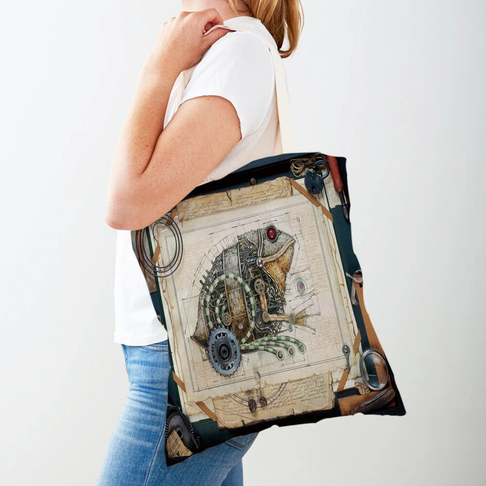 Bolso de compras de lona para mujer, bolsa de compras plegable reutilizable con estampado doble de Animal mecánico Steampunk