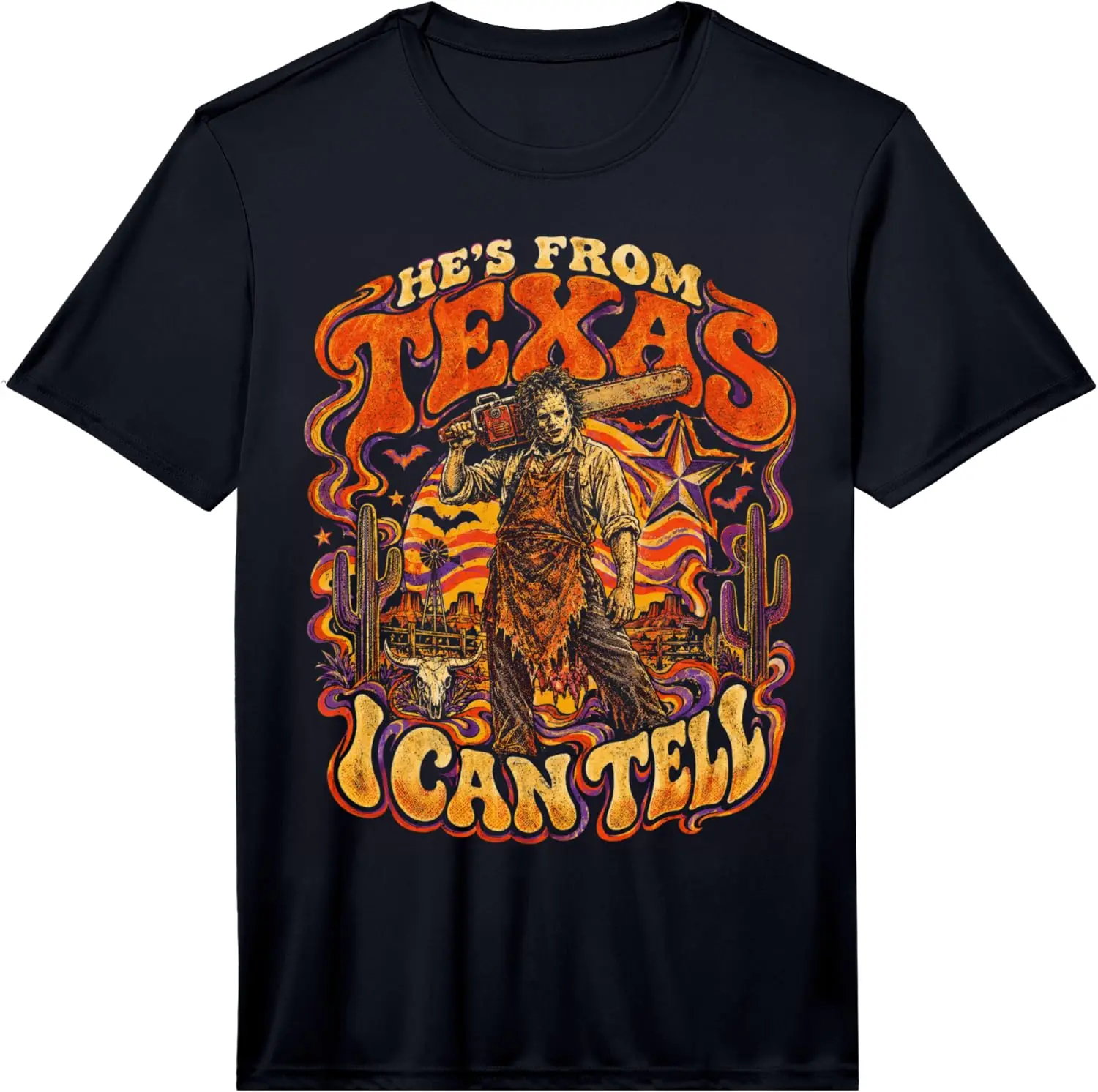 Men's Hes From Texas I Can Tell Scary Chainsaw Horror Performance T-Shirt Stylish, Breathable, 100% Cotton Short-Sleeve Tee With