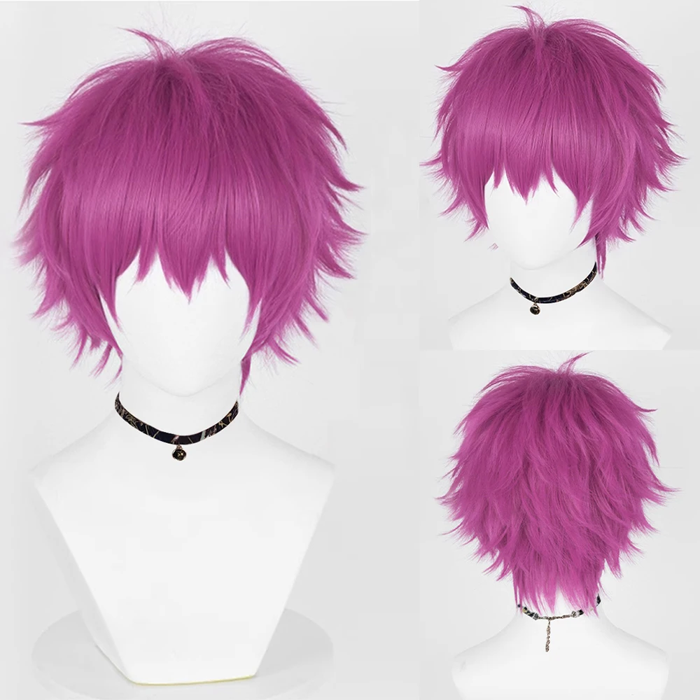 Rose Red Short Straight Synthetic Men Wigs Hot Pink Anime Game Cosplay Fluffy Heat Resistant Wig for Daily Party