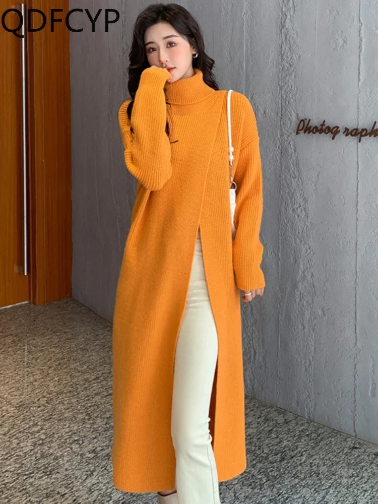 

2023 New Autumn Winter Womens Dress Knitted Pullover Long Dresses High Neck Split Fashion Sweater Casual Elegant Female Clothing