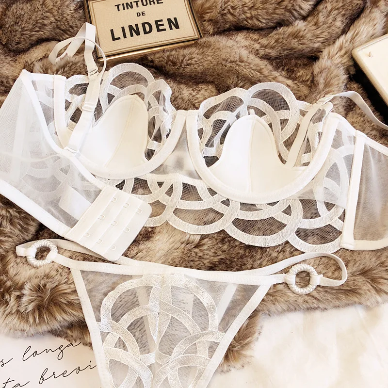 2 Pieces Sexy Women Underwear Set French Lace Ultra-thin Bra Set Summer  Breathable Brassiere Briefs with Thong Female Lingerie view 5