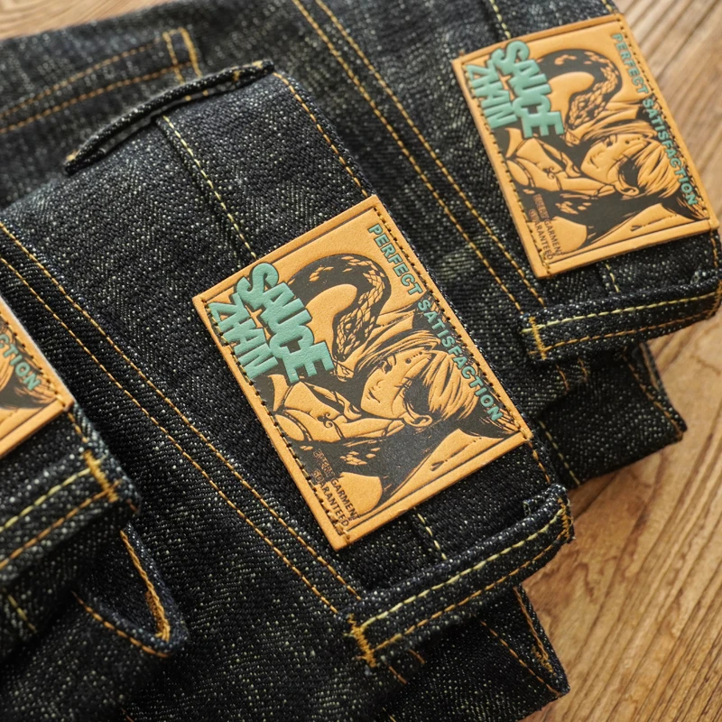 ซอส Zhan Mans Jeans Sanforized Selvedge Denim Jeans Limited Edition การย้อมสองด้าน 66 Fit 20 Oz