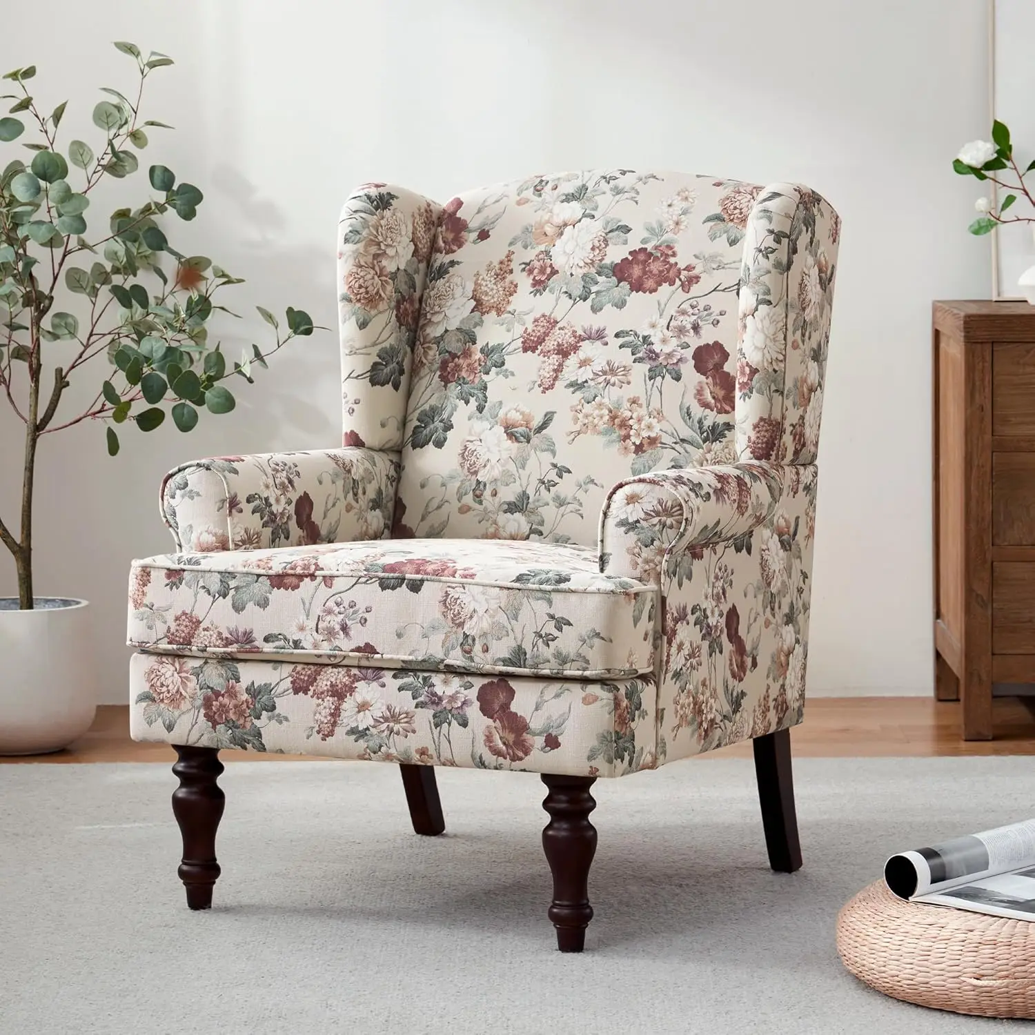 #Printed Wingback Accent Chair Linen Upholstered High Back Comfy Reading Living Room Bedroom 300lbs Customized