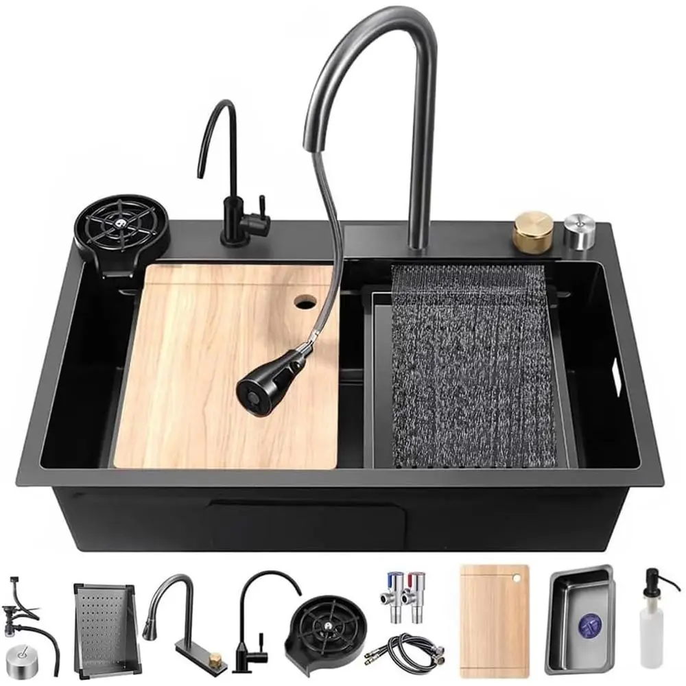 

Stainless Steel Single Bowl Undermount Kitchen Sink with Pull-Out Faucet, Knob Control, and Accessories (29.5x17.7x8.3in)