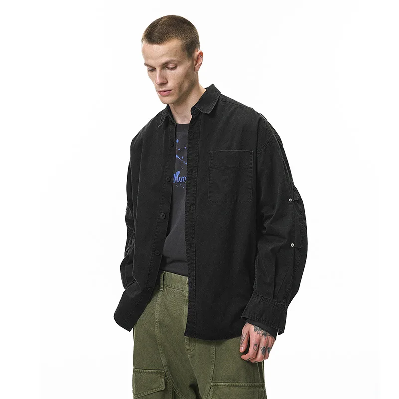 High Street Workwear Washed Shirt Tops Men's Autumn New Product Retro Collar Pocket Cardigan Long Sleeved Streetwear Shirt
