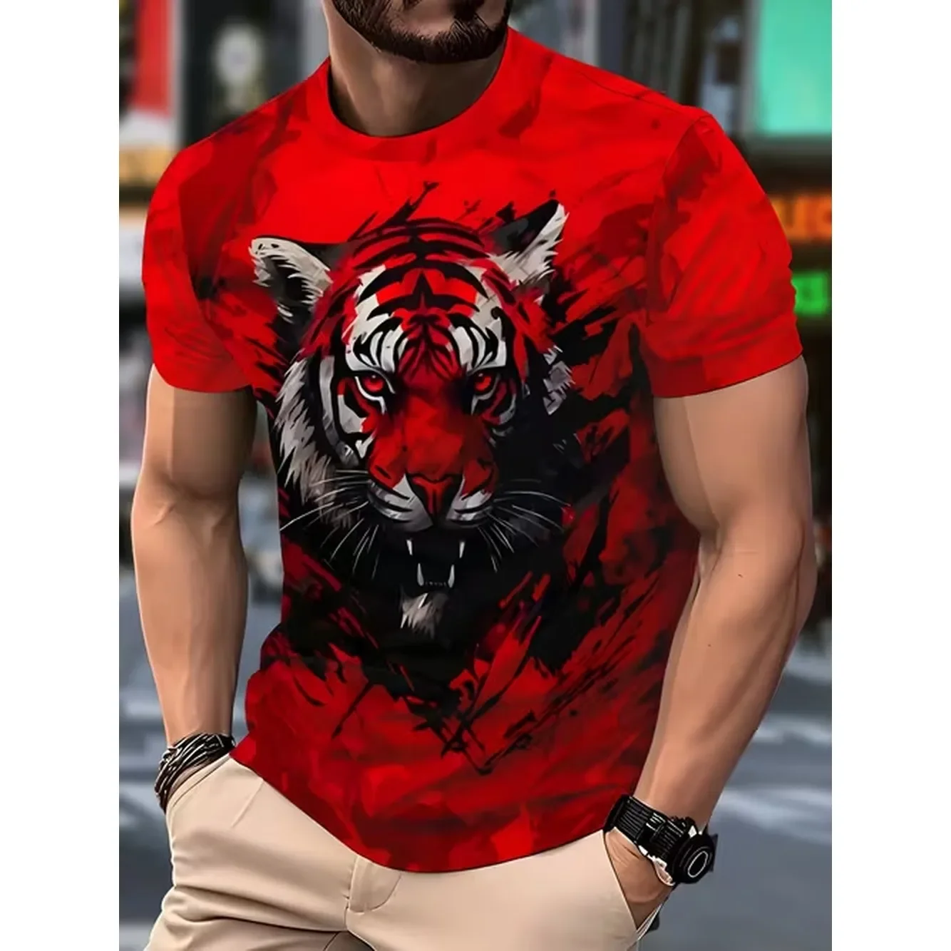 Mens Novelty Tiger Print T Shirt Red Casual Crew Neck Short Sleeve Polyester Machine Washable Graphic Design