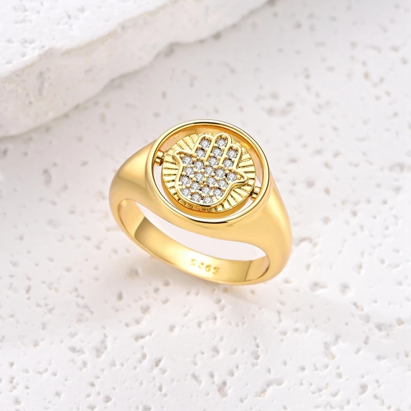 Gold Plated Flip Eyes Fatima's Hand Women Rings 925 Sterling Silver Sparking Zirconium Ring Wedding Rings For Engagement Jewelry