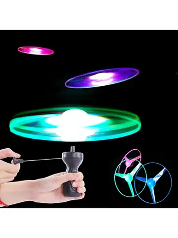 Luminous Flying Disc Propeller Toys LED Lighting Pull String Flying UFO Toy Spinning Top Outdoor Game Sports Toy Gift