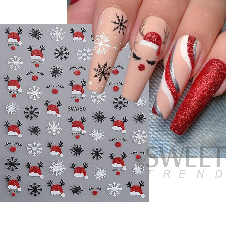 3D Christmas Gillter Nail Art Sticker 3D Winter Antler Snowflake Elk Reindeer Snowman Hat Decal Slider DIY Manicure Decorations