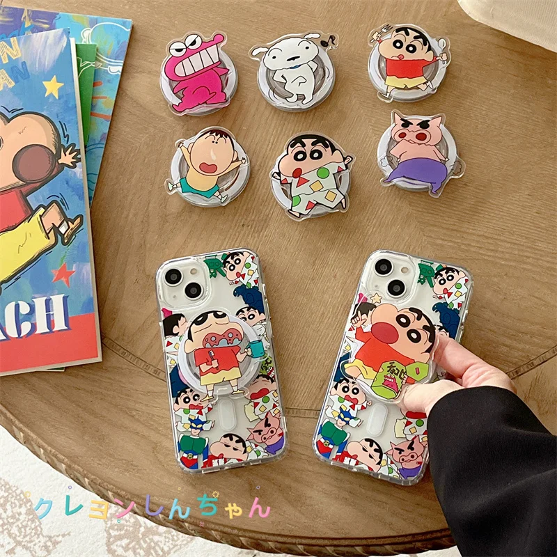 INS Cute Crayon Shin-chan Couple's Phone Case With Holder for Apple IPhone 14 13 12 11 15 Pro Max Soft Silicion Transprent Cases