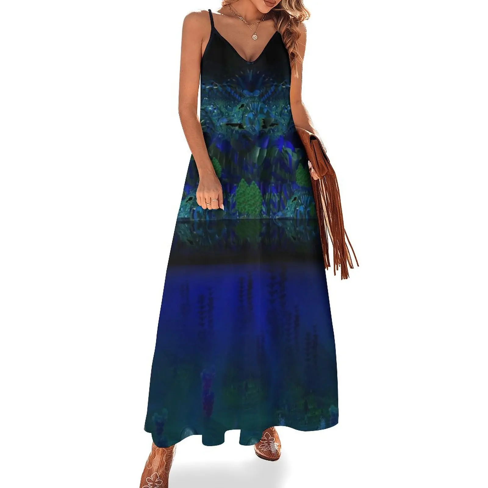 ?DA Mountain And Underwater Fractal IAFI Sleeveless Long Dress women long dresses sexy dress Dress