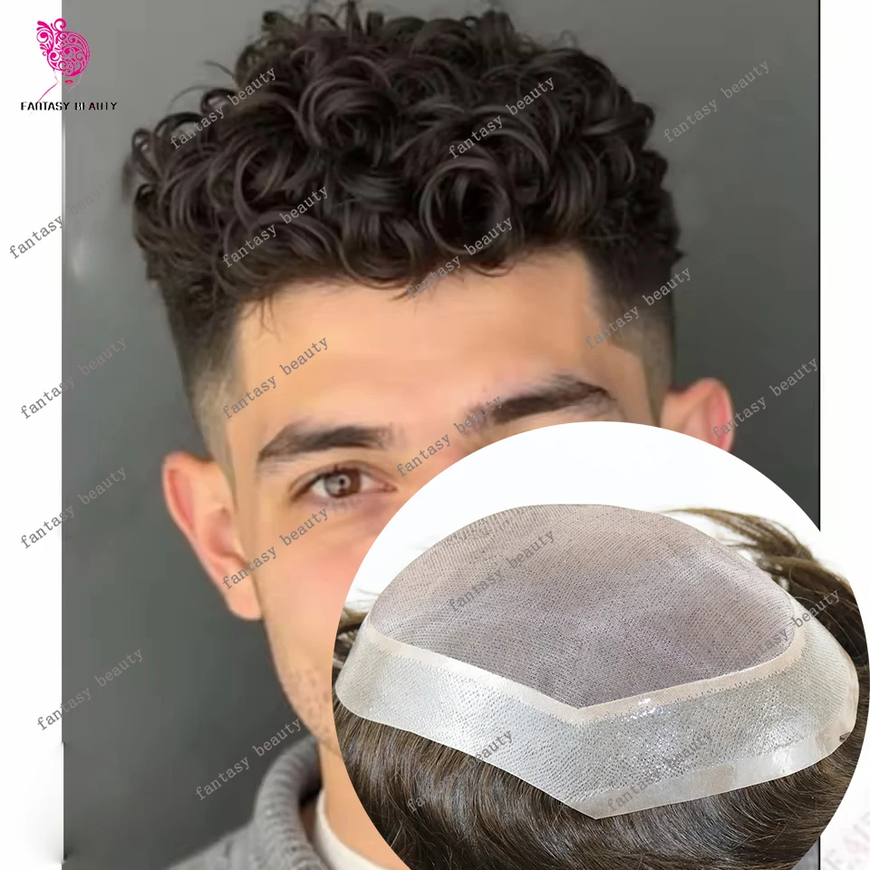 

18 мм 15 мм афро вьющиеся коричневые блондинки европейские мужские человеческие волосы парик тонкий моно черный 20 мм Jerry Curl система замены волос Prost