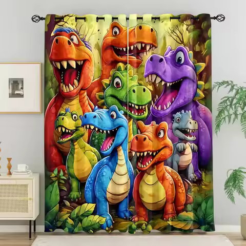 Cartoon Dinosaur Print Curtains Safari Adventure-Themed Blackout Drapes, Suitable for Living Rooms, Bedrooms, Dormitory Decor