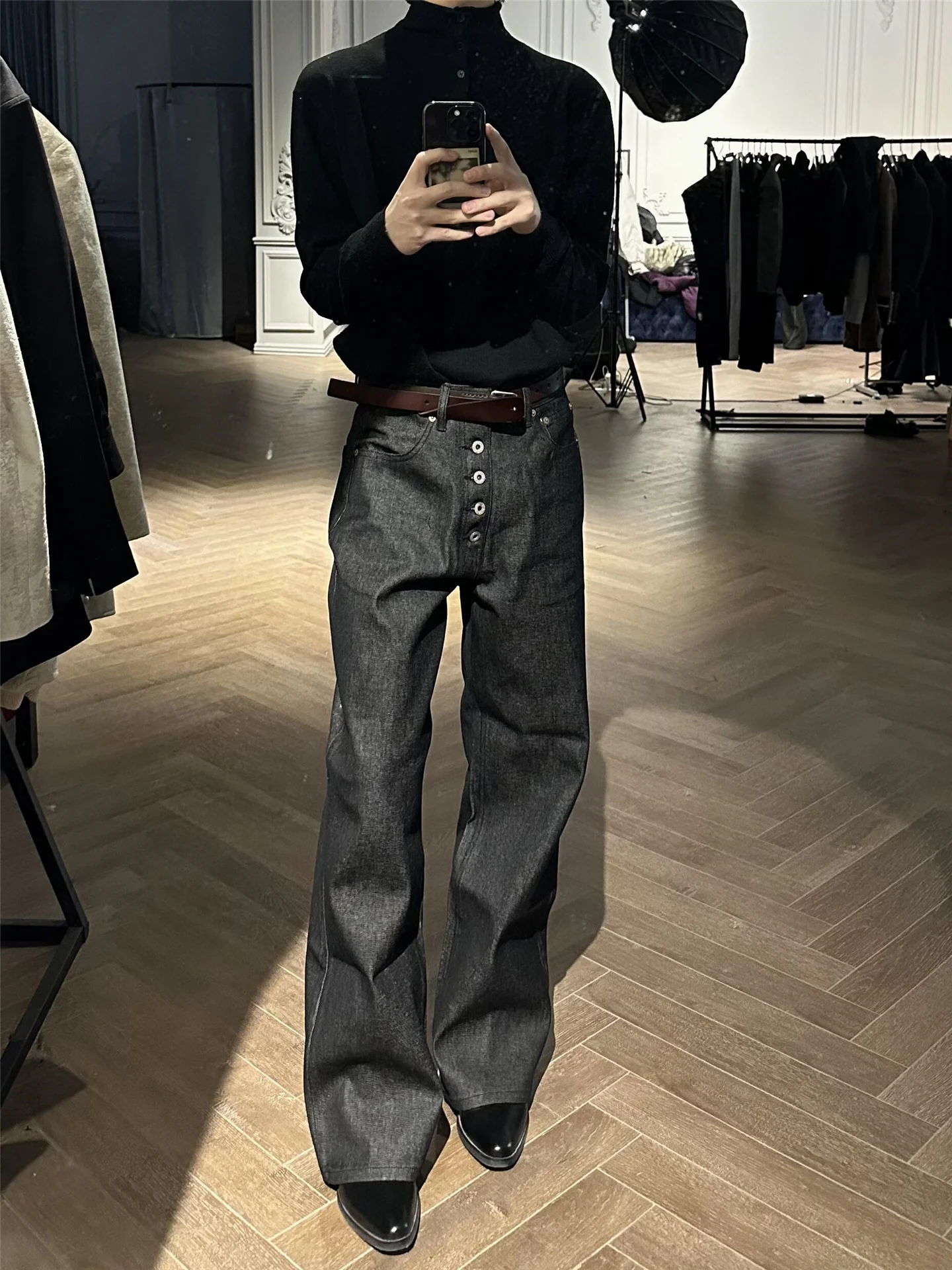 

Retro American Black Wide Leg Denim Jeans Women Loose Drapey Design Spring Straight Leg Pants High Waist Cotton Casual