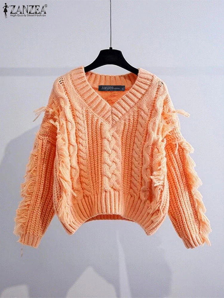 Women Fashion Autumn Knitted Sweaters ZANZEA 2025 Tassel Pullovers Casual Solid Long Sleeve Jumpers V-Neck Loose Elegant Shirts