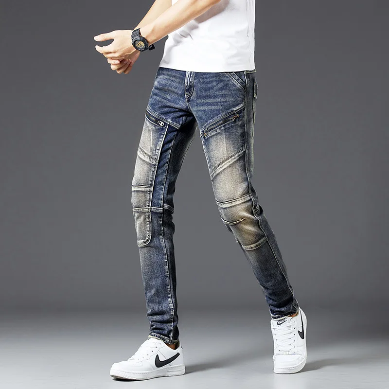 

High-End Men's Vintage Jeans Street Tide Brand Personality Zipper Slim Fit Patchwork Stretch Retro Motorcycle Long Pants