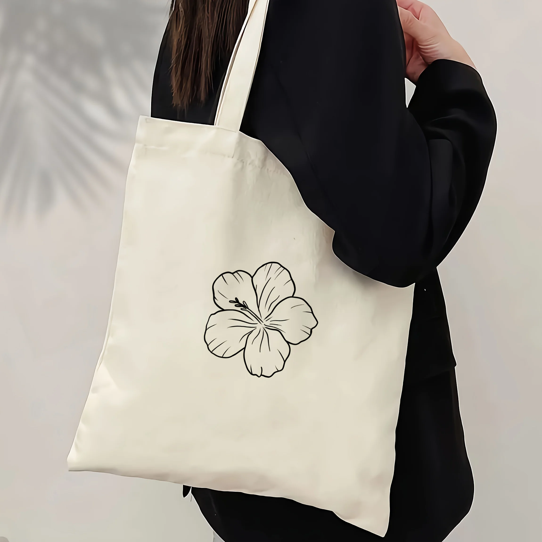 1 Piece, Hibiscus Print Tote Bag, Casual Travel Beach Bag, Large Capacity Reusable Shopping Bag, Casual Shoulder Bag, Handbag, Beach Bag, Shopping Bag, Printed Grocery Shoulder Bag