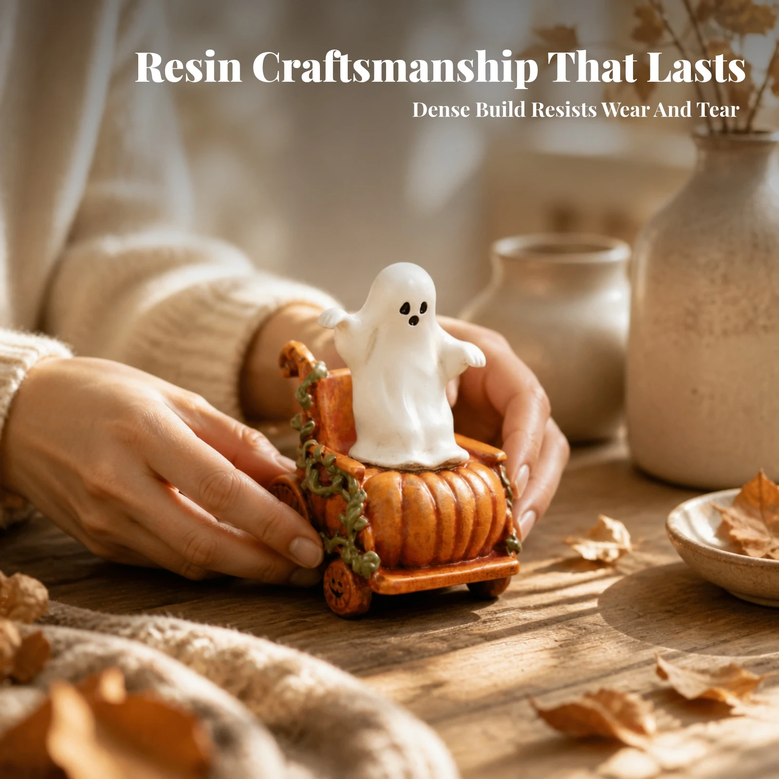 Ghost in Pumpkin Carriage Figurine Miniature Pumpkin Carriage Figurine Decor Playful Statue Compact for Desktop Display