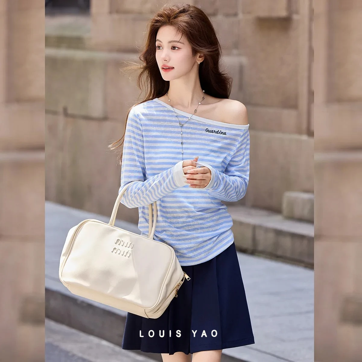 LOUIS YAO Fashion Striped Women Shirt 2026 Autumn Slight Stretch Color‑Block Embroidery Casual Off‑Shoulder Long Sleeve T‑Shirt