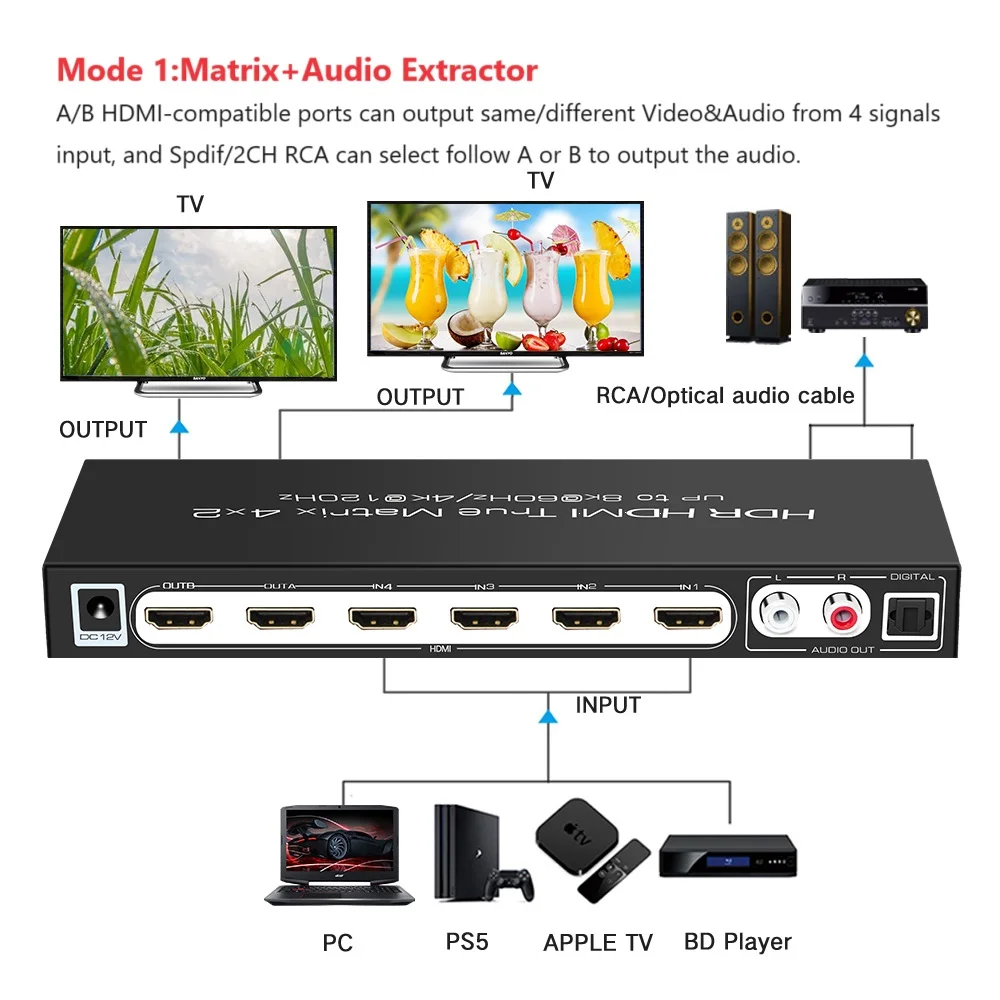 8K HDMI-compatible 2.1 Matrix Switcher 4 In 2 Out ARC to SPDIF 2CH Audio Extractor 4K@120Hz ALLM VRR Dolby Vision Atmos HDR 10+