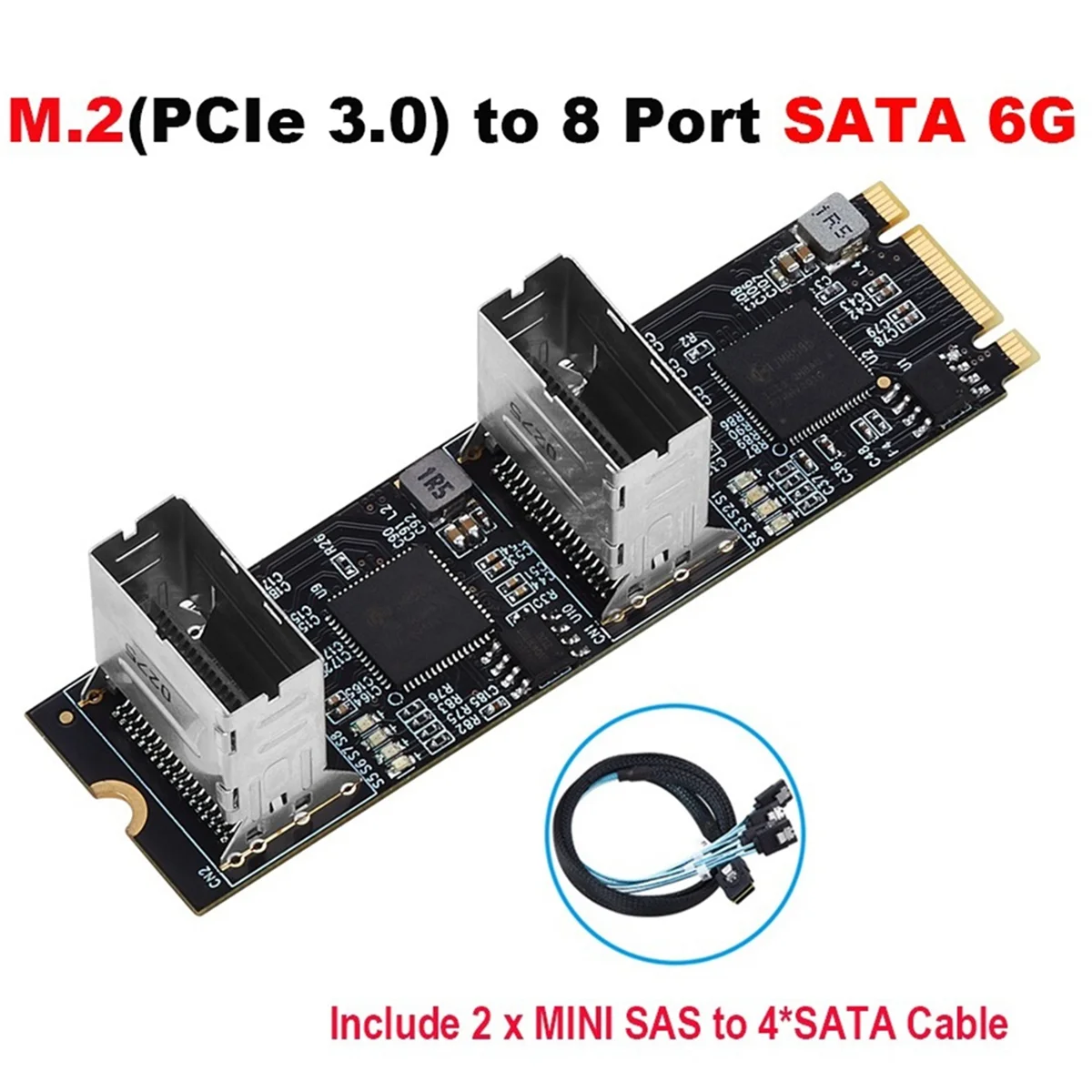 M.2 PCIe3.0 에서 8 포트 SATA 6G 멀티플라이어 컨트롤러 카드, B/M 키, NGFF 각 포트, 6Gbps 도착, 2 미니 SAS 인터페이스