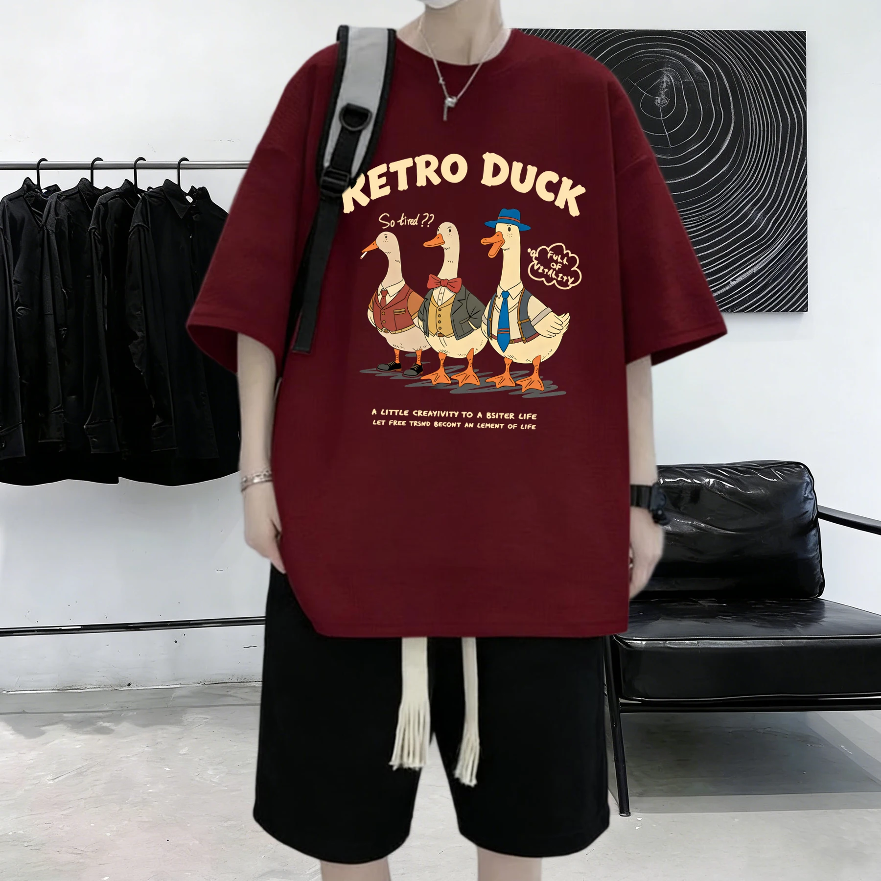Life Is Full Of Vitality Retro Duck Print Summer Cotton Comfortable T Shirt Man Basics All-Match Short Sleeve Loose Cartoon Top