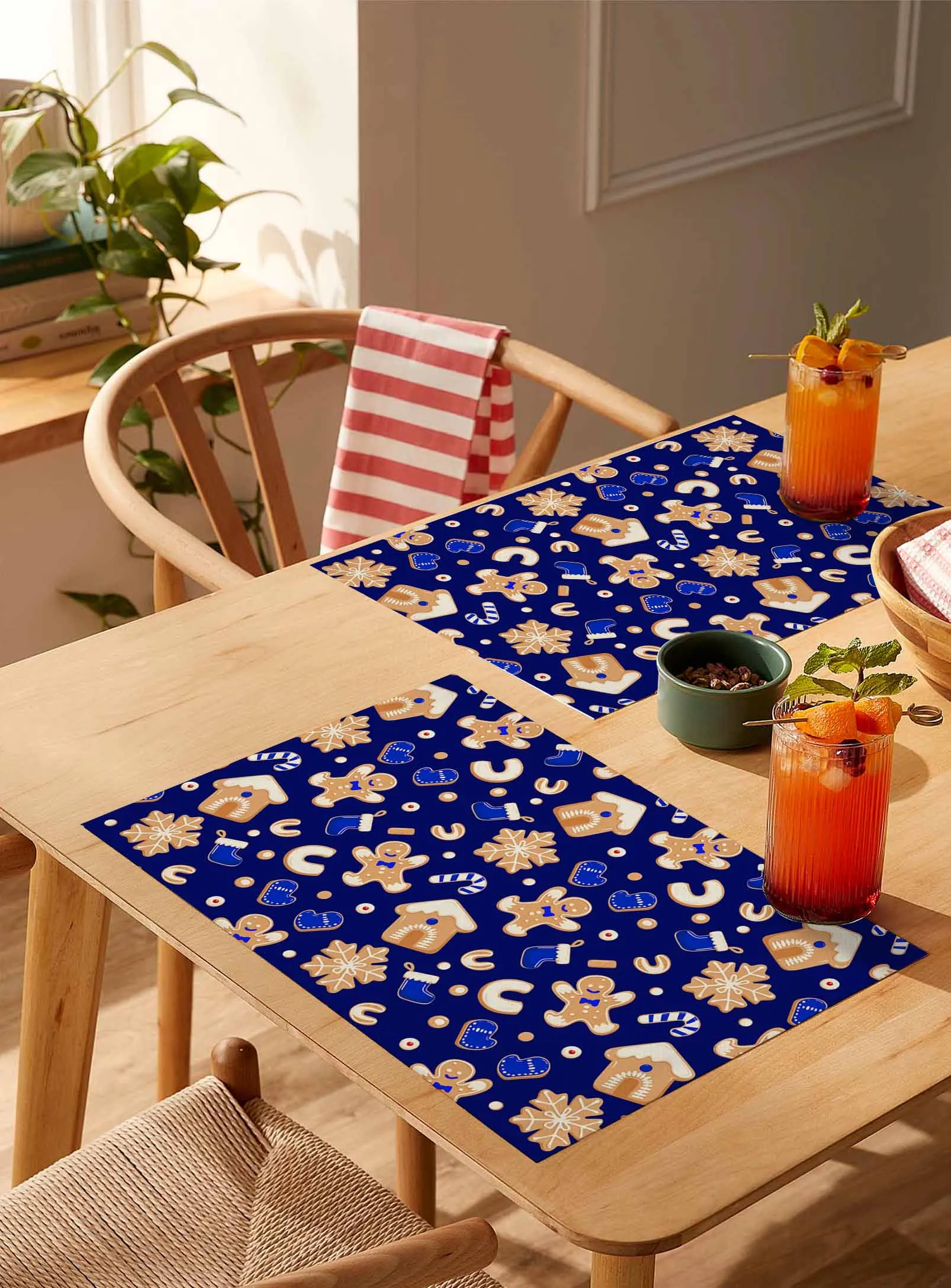 

4/6 Pcs Christmas Bule Gingerbread Man Art Placemat Wedding Party Dining Decor Linen Table Mat Kitchen Accessories
