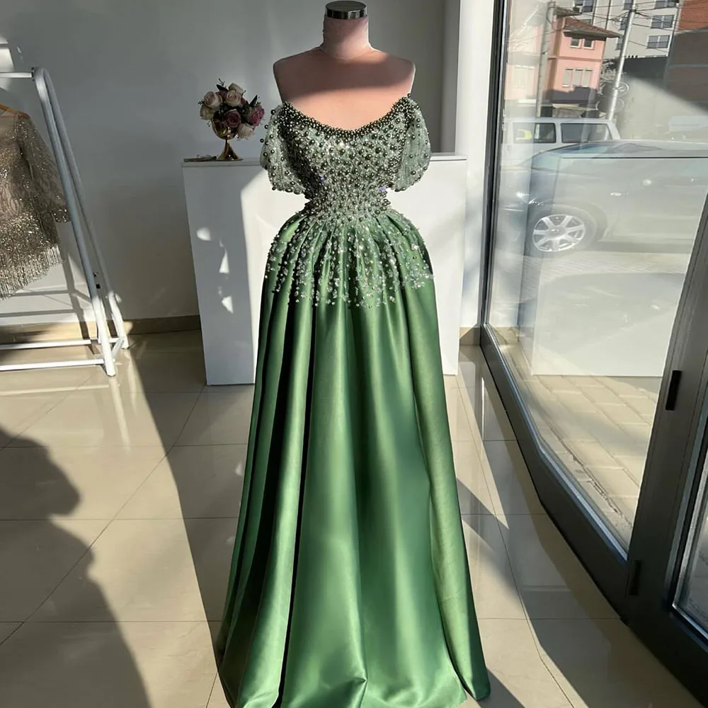 

Formal Evening Dresses A Line Off Shoulder Beads Pearls Prom Gowns Satin Women Arabic African Party Dress Customized