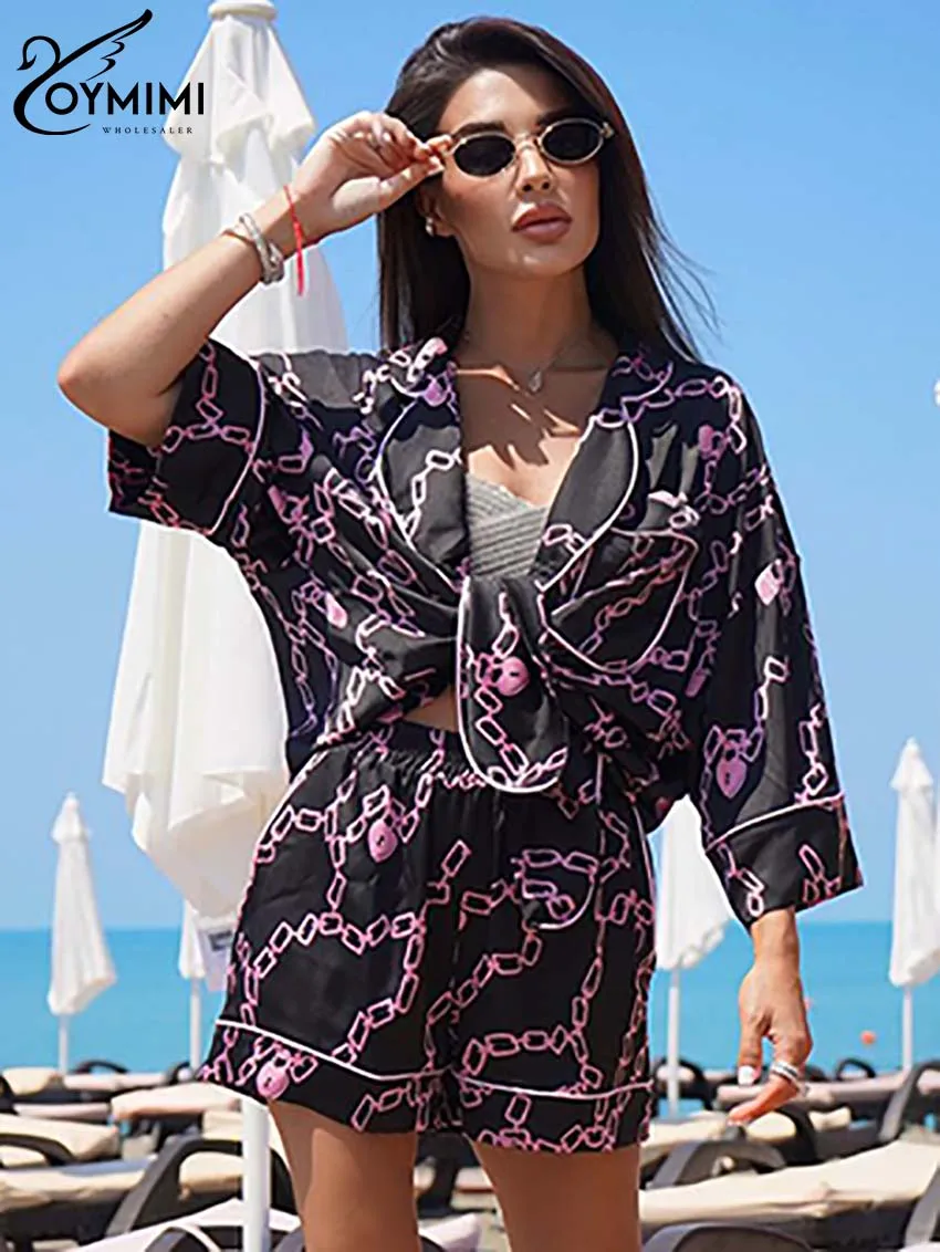 

Oymimi Elegant Black Print Two Piece Set For Women Fashion Three Quarter Sleeve Button Pockets Shirts And High Waist Shorts Sets