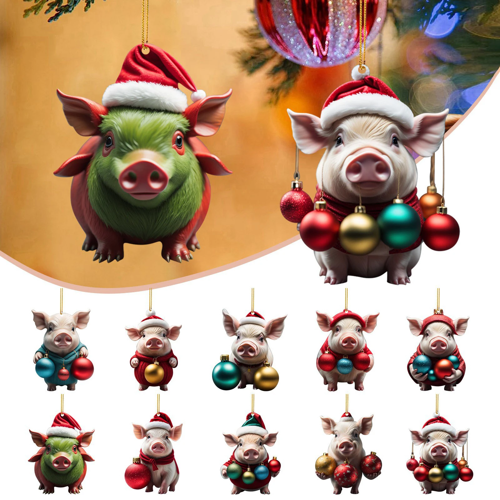 2D Cartoon Christmas Piggy with Xmas Balls Hanging Ornament Pendants Christmas Decorations For Home 2024 Natal Navidad Kids Gift