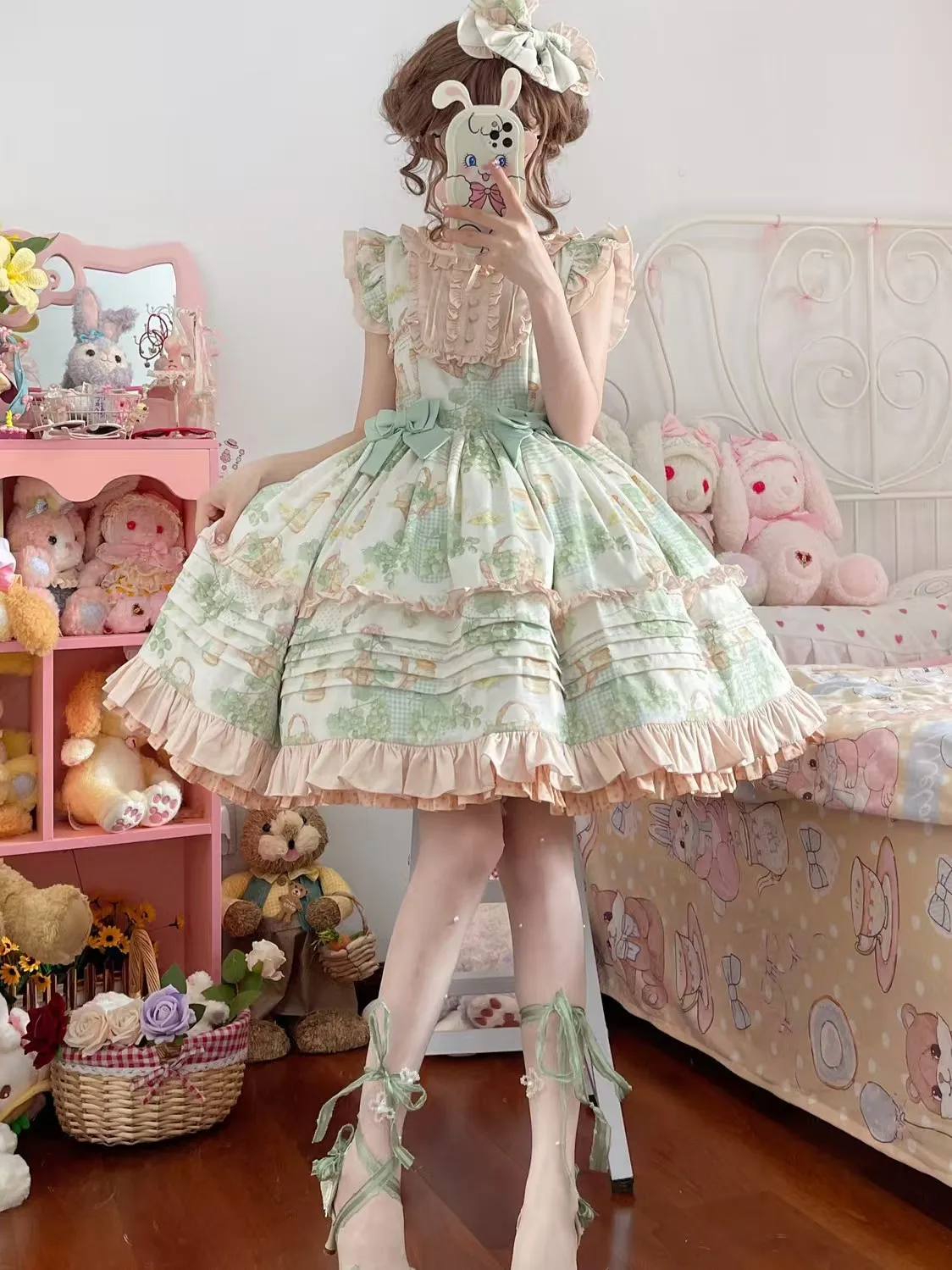 

Japanese Sweet Lolita Dress Women Victorian Pastoral Style Princess Dress Ruffles Green Grape Print Bow Trailing Party Dresses25