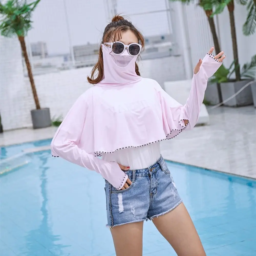 

Solid Color Sunscreen Clothing Cloak Long Sleeve UV Protection Hooded Sun Protection Clothes Breathable With Mask Veil