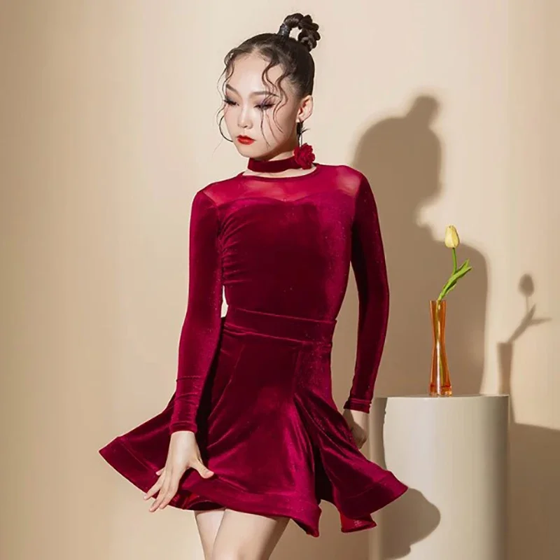 Bordeaux fluwelen bodysuit met lange mouwen en strik en rokken Latin danskleding kinderen meisjes Rumba Chacha prestatiewedstrijdkostuums
