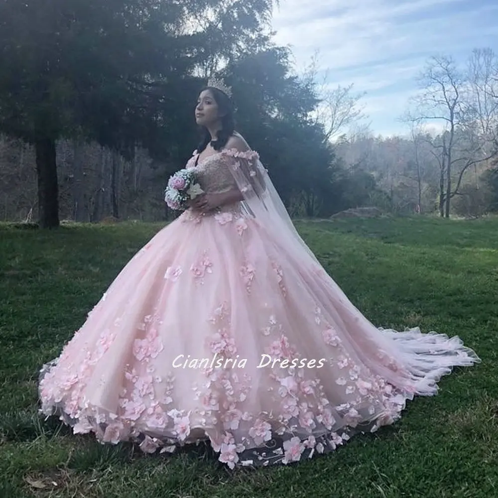 Vestido de quinceañera rosa con flores 3D, faja con lazo, vestido de quinceañera, manga larga, perlas, apliques florales, corsé de encaje, fiesta para 15 niñas