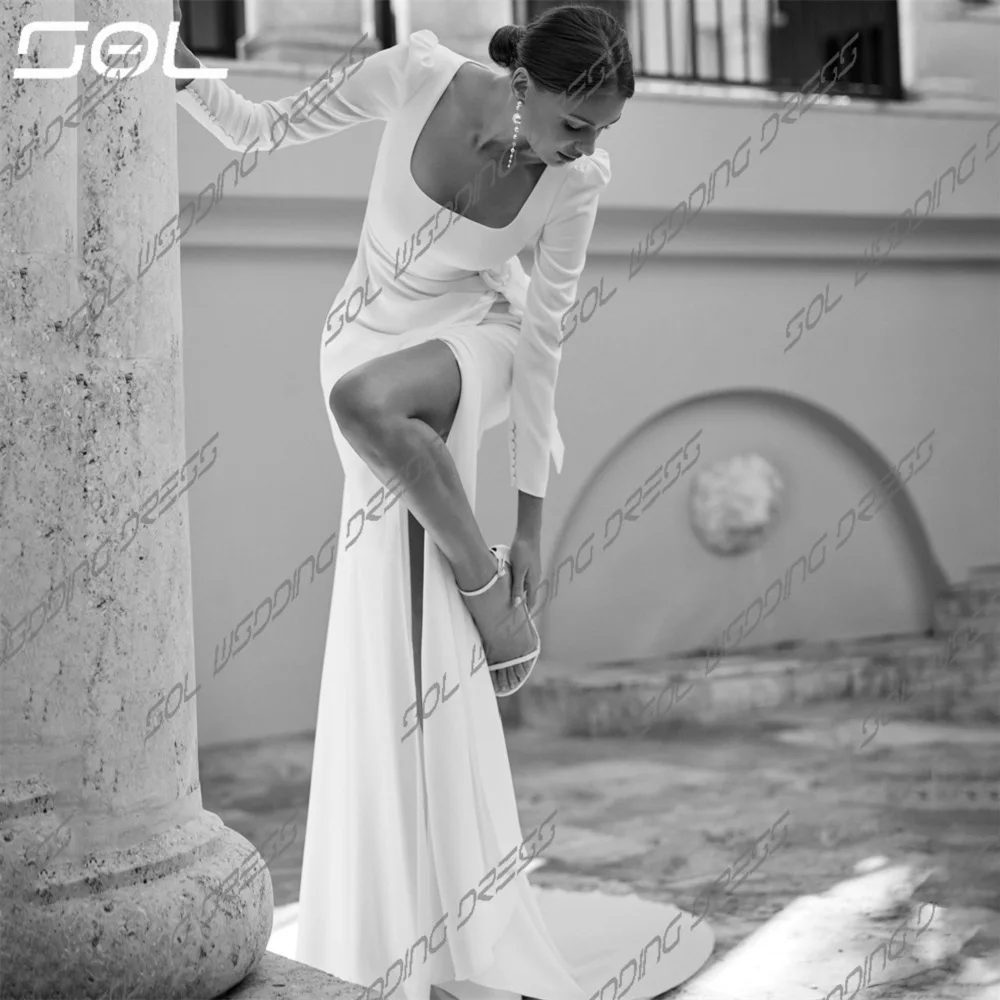 SOL semplice maniche lunghe colletto quadrato spacco laterale abito da sposa in raso BOHO pieghe Backless sirena abiti da sposa Sexy su misura