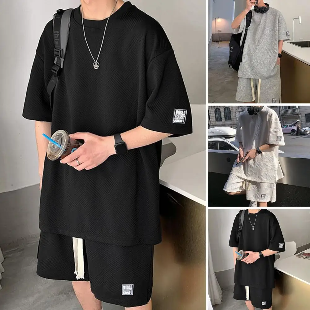 Trendy T-shirt Shorts Set Sweat Absorption Casual Outfit Waffle Texture Summer Pure Color Men Tracksuit Moisture Wicking